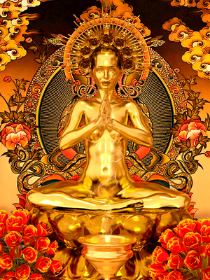 The Buddhista in Gold with gifts - goddess of transcendental wisdom