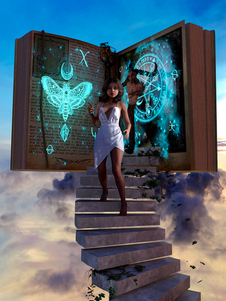 Girl Escaping Demon in Story Book - innocence vs evil Print