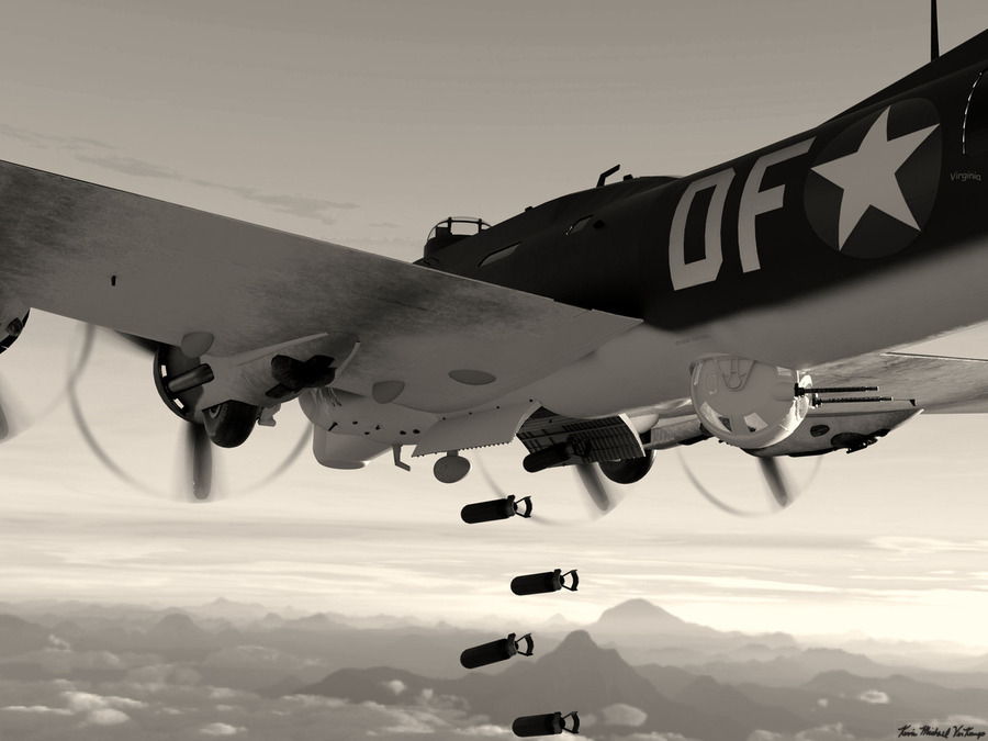 Boeing B-17 Flying Fortress Bomb Drop BW  Print