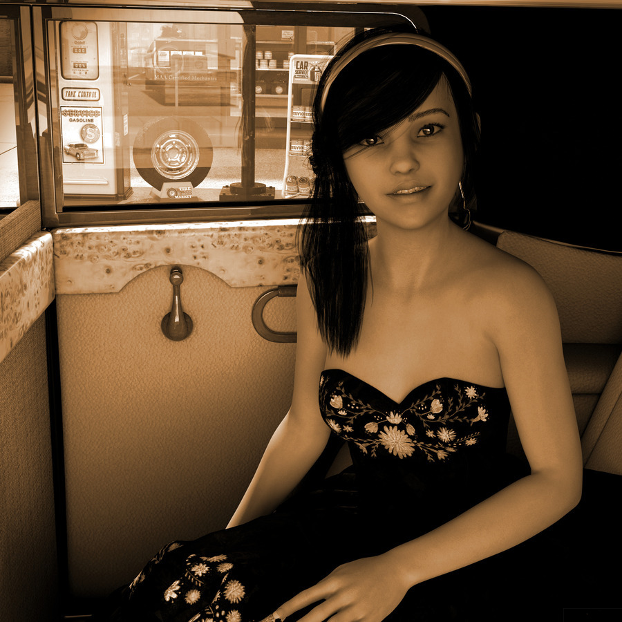 Girl In Car at Gas Station - Vintage Sepia Photo   Print