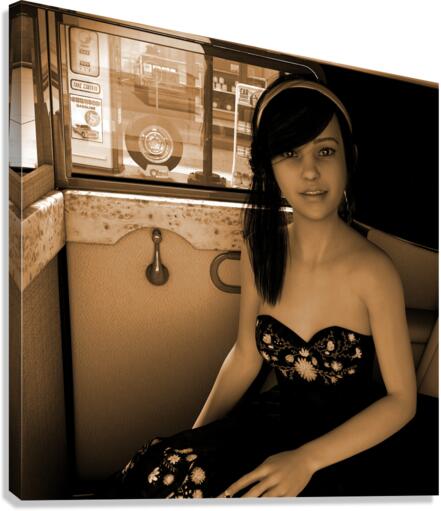 Girl In Car at Gas Station - Vintage Sepia Photo  Canvas Print