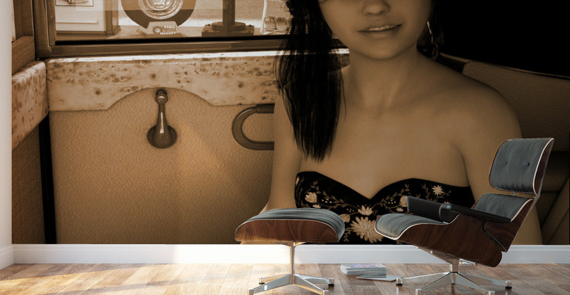 Girl In Car at Gas Station - Vintage Sepia Photo  Wall Murals