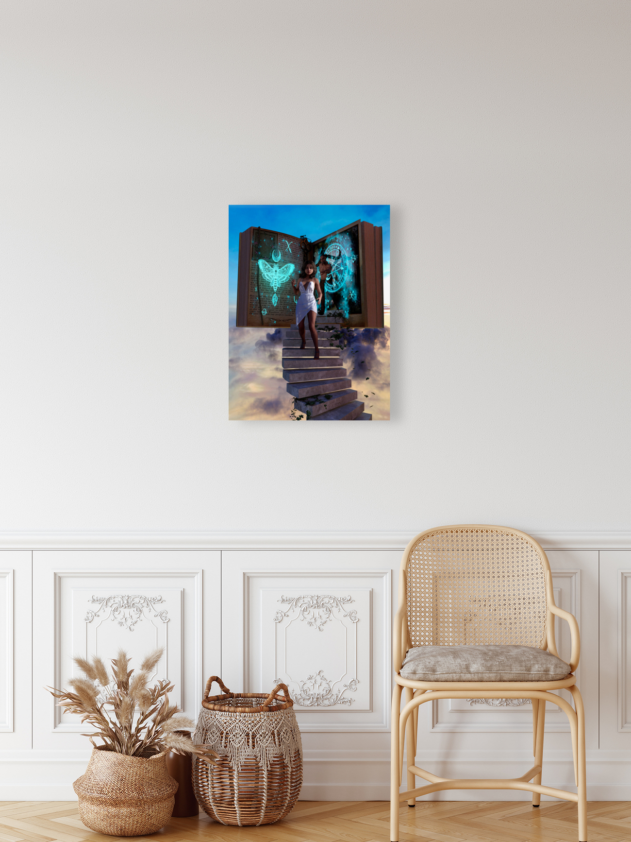 Girl Escaping Demon in Story Book - innocence vs evil Reproduction